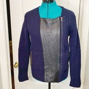 Madewell Wool Asymmetrical Moto Leather Knit Ribbed Full Zip Blue Winter Sweater